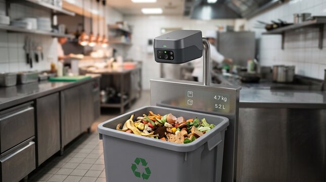 Smart food waste management system in commercial kitchen, industrial recycling bin with digital scanner, sustainable restaurant technology for organic waste