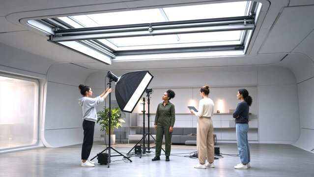Portrait studio setup centers on model while crew works with lighting gear. Woman in green outfit stands still as assistants position softbox, stand lights, and tablet in sleek modern photography