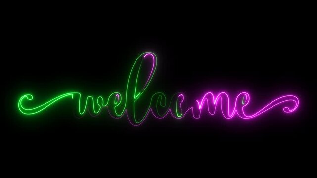 Neon welcome sign with green and pink glowing script on black background text