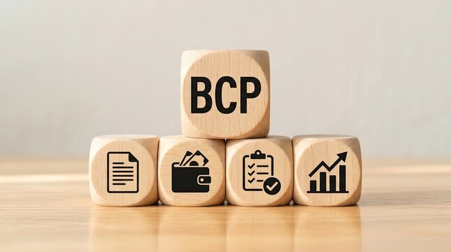 Bcp acronym on wooden blocks with business icons business continuity corporate