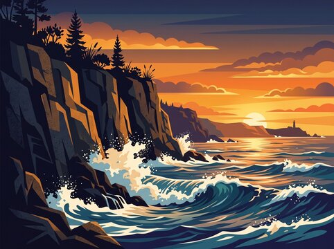 Dramatic coastal cliff sunset landscape with crashing waves and lighthouse