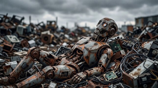 Abandoned Rusted Humanoid Robot Lying in Scrap Junkyard Technology Obsolescence Concept