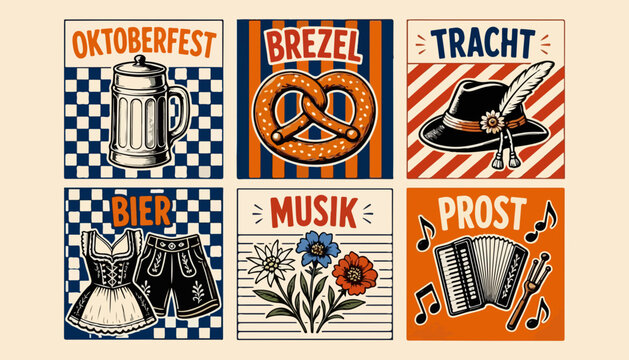 Oktoberfest Vintage Poster Collection with Beer Mug, Pretzel, Traditional Bavarian Hat, Beer, Music and Prost Celebration

