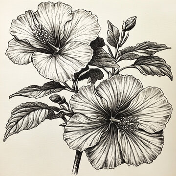 Detailed hand drawn illustration of hibiscus flowers on a light background with botanical illustration floral drawing ink sketch nature art