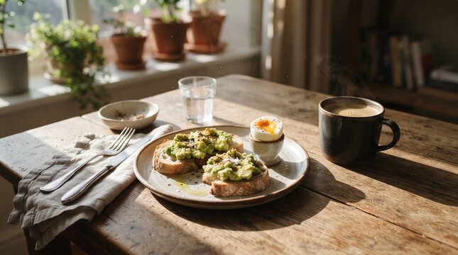 Healthy morning breakfast with avocado toast, soft boiled egg, and black coffee on rustic wooden table in sunny kitchen