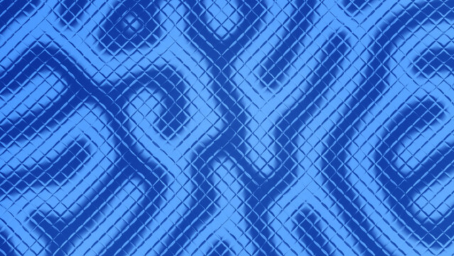 Futuristic electric blue background with geometric tiled grid texture and abstract wavy maze pattern creating a premium presentation backdrop and copy space.