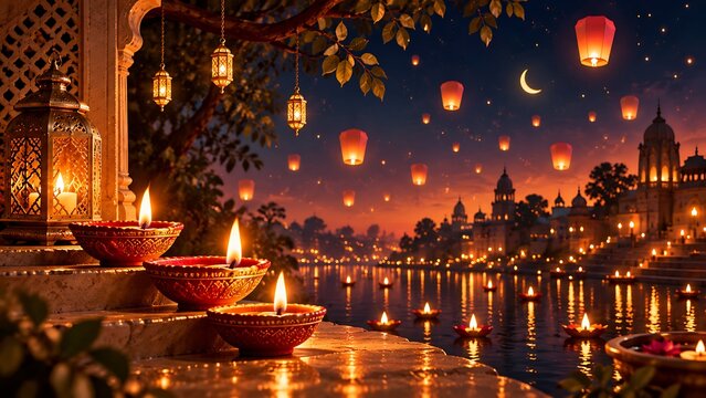 Evening view of riverfront with glowing oil lamps and floating lanterns