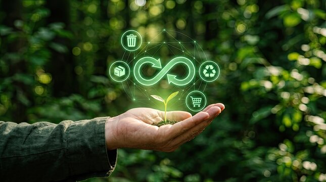 Human hand holding a glowing green circular economy icon over a nature background