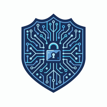 Cyber security shield logo with integrated circuit board patterns and central padlock icon.