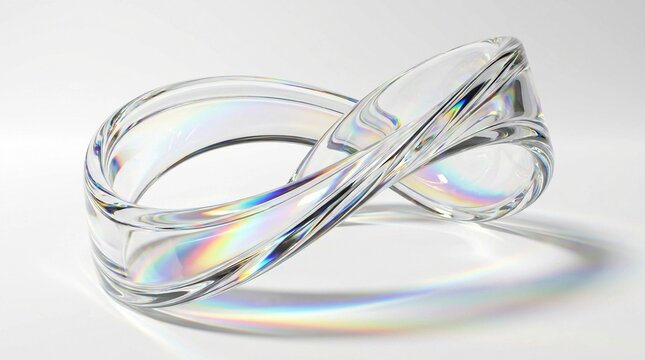 Transparent glass infinity loop symbol with colorful light reflection on white background
