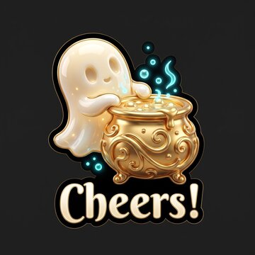 Cute ghost with golden cauldron sticker, Halloween cheers typography, 3D glossy spirit character with magic potion pot, whimsical spooky holiday graphic