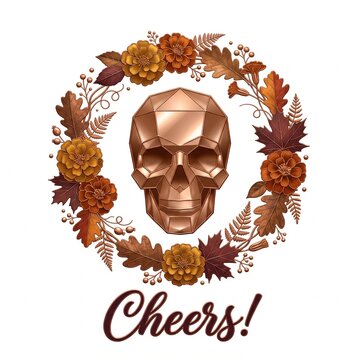 Geometric copper skull with autumn floral wreath, low poly metallic skull head, fall leaves and flowers frame with Cheers text for seasonal greeting