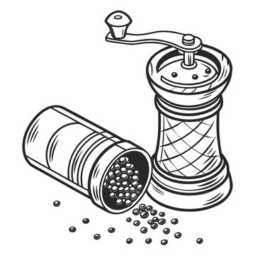 Hand drawn black and white of a wooden pepper mill grinder with peppercorns scattered on a white background, kitchen tool
