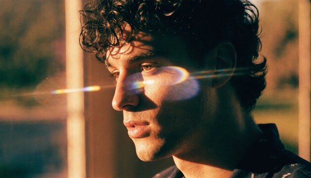 Grainy 35mm film portrait of a man, warm amber color grading, natural lens flare, subtle film grain, vintage aesthetics.   