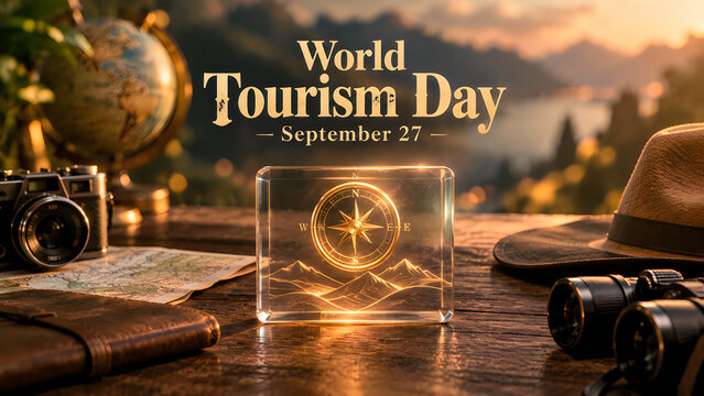 World Tourism Day September 27 celebration banner, vintage travel concept with compass and camera, scenic mountain landscape background