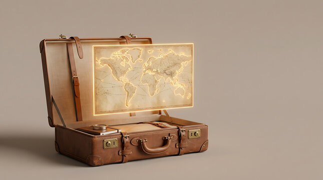 Vintage leather suitcase with a glowing world map floating inside
