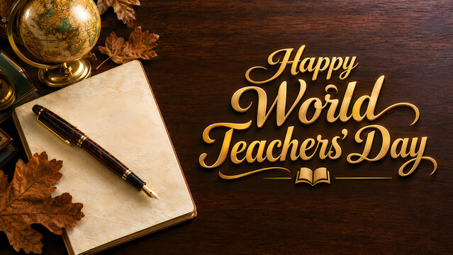 World Teachers' Day greeting with elegant gold calligraphy, vintage academic desk with fountain pen and globe, classic teacher appreciation background