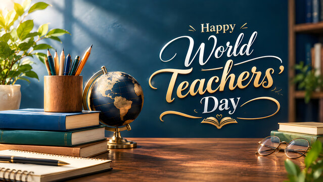 Happy World Teachers' Day greeting on classroom desk, school supplies and globe on wooden table, educational background for teacher appreciation