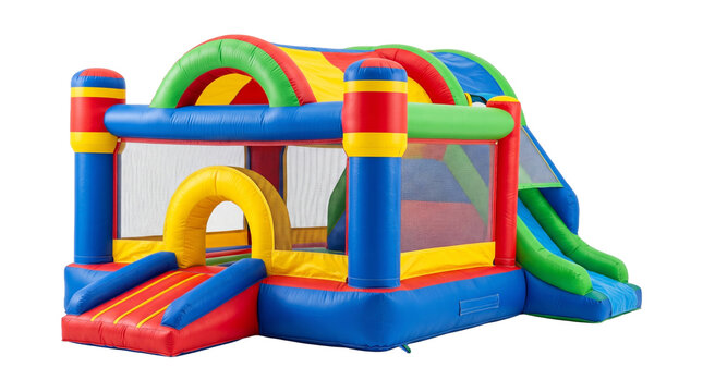 Vibrant inflatable playhouse with double entry slide and protective netting for children backyard fun.