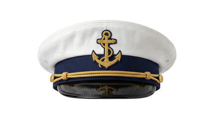 White captain hat with golden anchor embroidery and decorative cords for marine and naval theme designs. © Highres