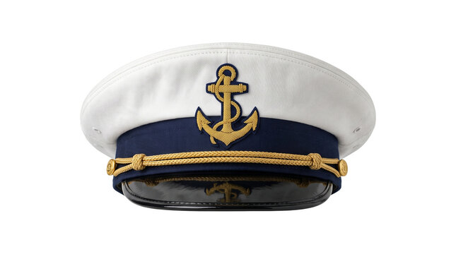 White captain hat with golden anchor embroidery and decorative cords for marine and naval theme designs.