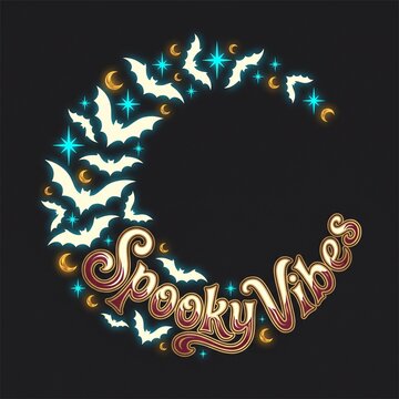 Spooky Vibes Halloween typography, crescent moon frame made of flying bats and stars, retro aesthetic holiday graphic for apparel and decor