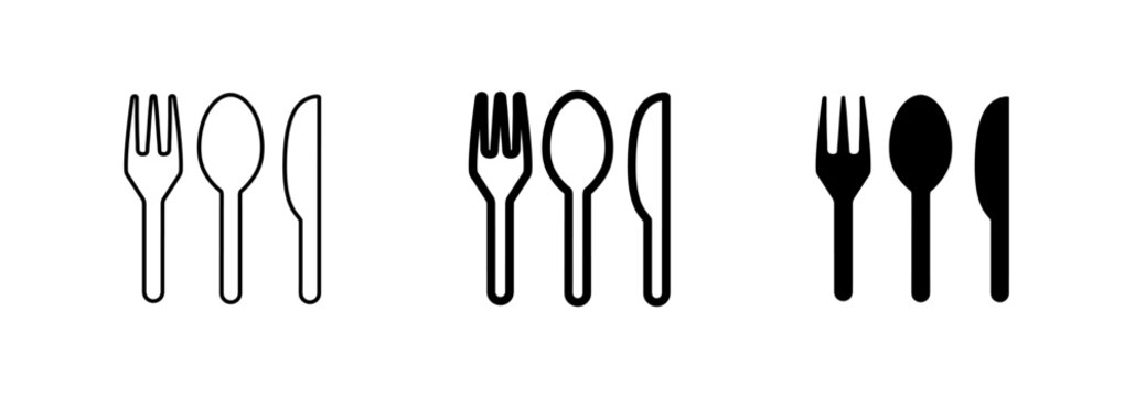 Cutlery icons, fork, spoon and knife icons sign, restaurant menu symbols in outline, bold and solid styles