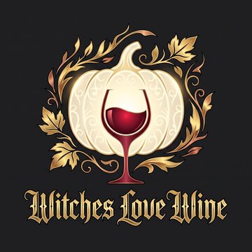 Witches Love Wine Halloween graphic, elegant white pumpkin with red wine glass, gothic autumn foliage illustration on black background