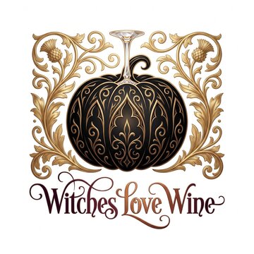 Ornate black pumpkin with gold filigree, Witches Love Wine elegant typography, gothic autumn harvest illustration for Halloween party decor