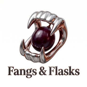 Gothic vampire fangs jewelry with blood red orb, Fangs and Flasks fantasy logo, metallic silver teeth holding dark crimson sphere on white background