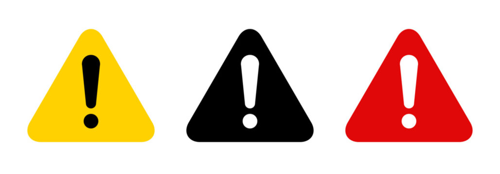 Warning triangle danger icon set, precaution mark in red black yellow colors - stock vector