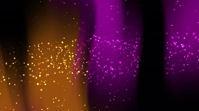 Orange dust drifts around purple particles on a plain basic background, forming abstract texture where technology and geometric light create a dreamlike digital atmosphere