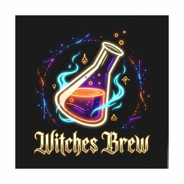Witches Brew neon sign illustration, glowing magic potion flask with blue flames, mystical laboratory beaker with gothic typography on black background