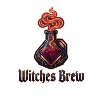 Witches Brew magic potion bottle logo, mystical alchemy flask with orange smoke, gothic fantasy laboratory beaker icon on white background