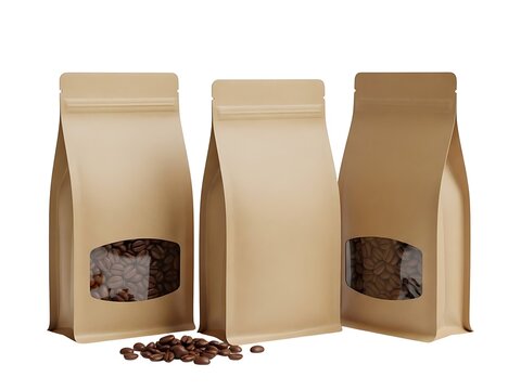 Three brown paper coffee bean bags with clear windows on white background