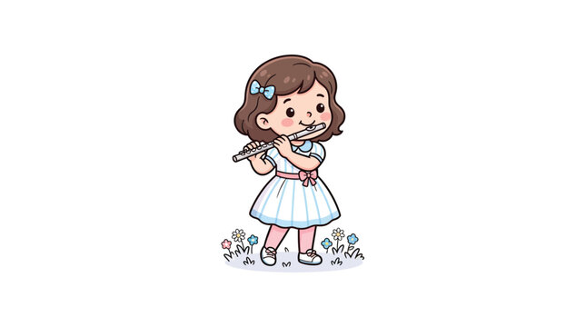 Girl Playing Small Flute Cartoon Vector Illustration