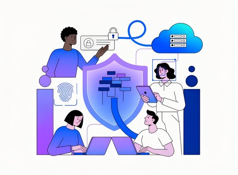 Cloud Network Security and Biometric Data Protection Team Illustration