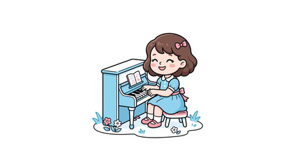 Fototapeta premium Girl Playing Toy Piano In Blue Dress Cartoon Vector Illustration