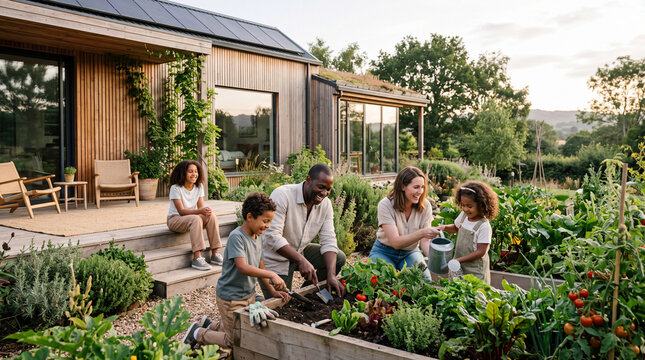 Family enjoying sustainable outdoor living beside an eco-friendly modern home, wide environmental lifestyle photography with natural lighting.
