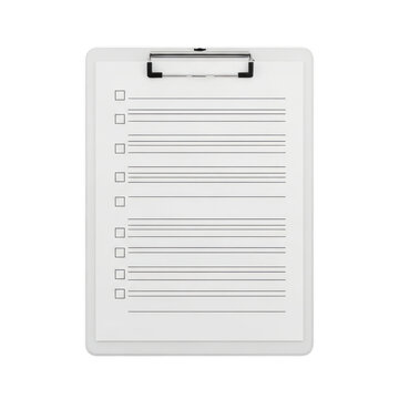 A simple clipboard with paper sheet and lines for writing notes isolated on transparent background