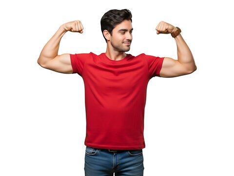 A handsome man in a red t-shirt flexing his biceps with pride and confidence