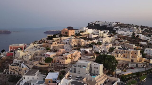 Aerial view of Fira town on the island of Santorini during a calm morning light