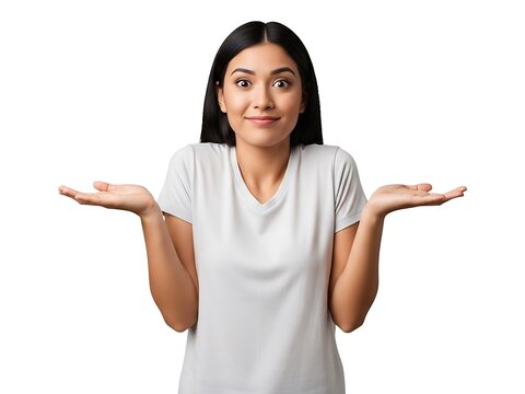 Young woman shrugging her shoulders with a questioning and uncertain look