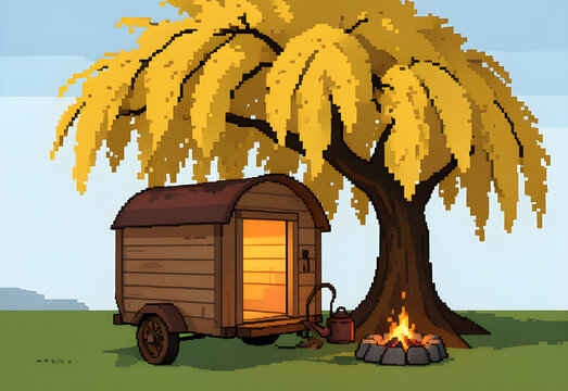 Cozy wagon beneath a sprawling willow