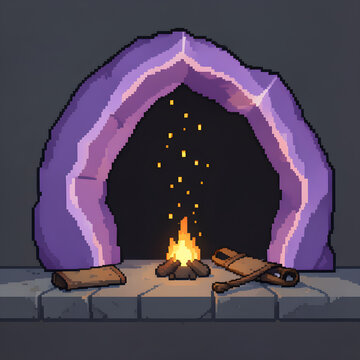 Crystal geode shelter with a tiny campfire