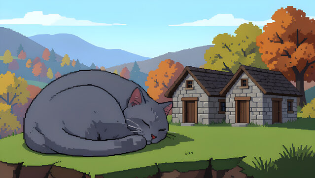 Giant sleeping cat beside a tiny village