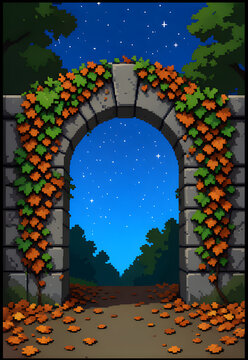 Autumn archway opening into a starry sky