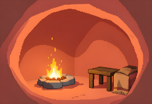 Coral colored cave with a warm stone hearth