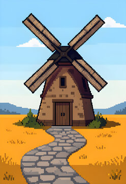 Autumn windmill with a patchwork sail