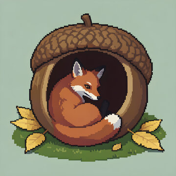 Fox curled inside an enormous hollow acorn